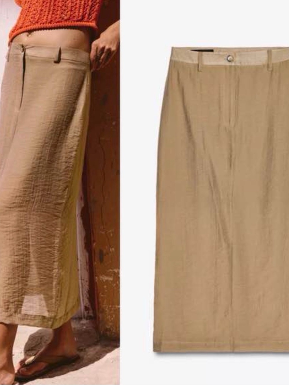 NEW Zara Beige Lightweight Linen-Blend Midi Skirt